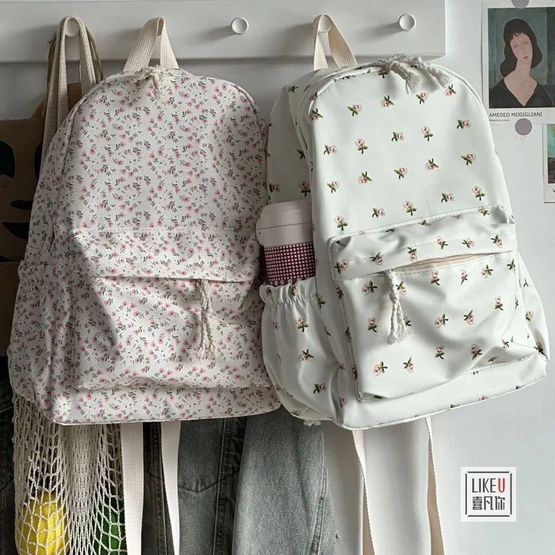 Korean Student School Backpack Floral White School Bags For Teenage Girls Cute Women's Backpack Brand Book Bag Nylon Rucksack