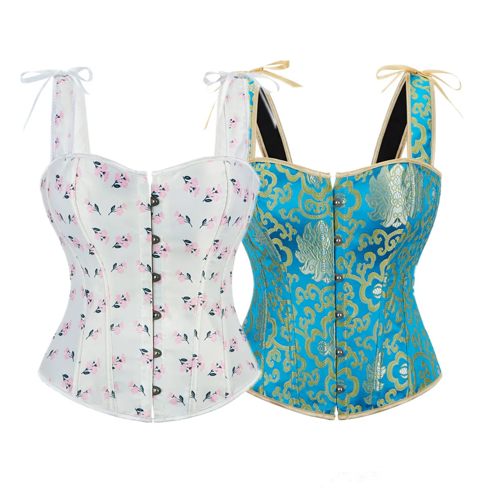

Vintage Women Corset with Straps Fashion Flower Print Overbust Corsets Tops Vest Gothic Lace Up Body Shaper Bustiers Korsett