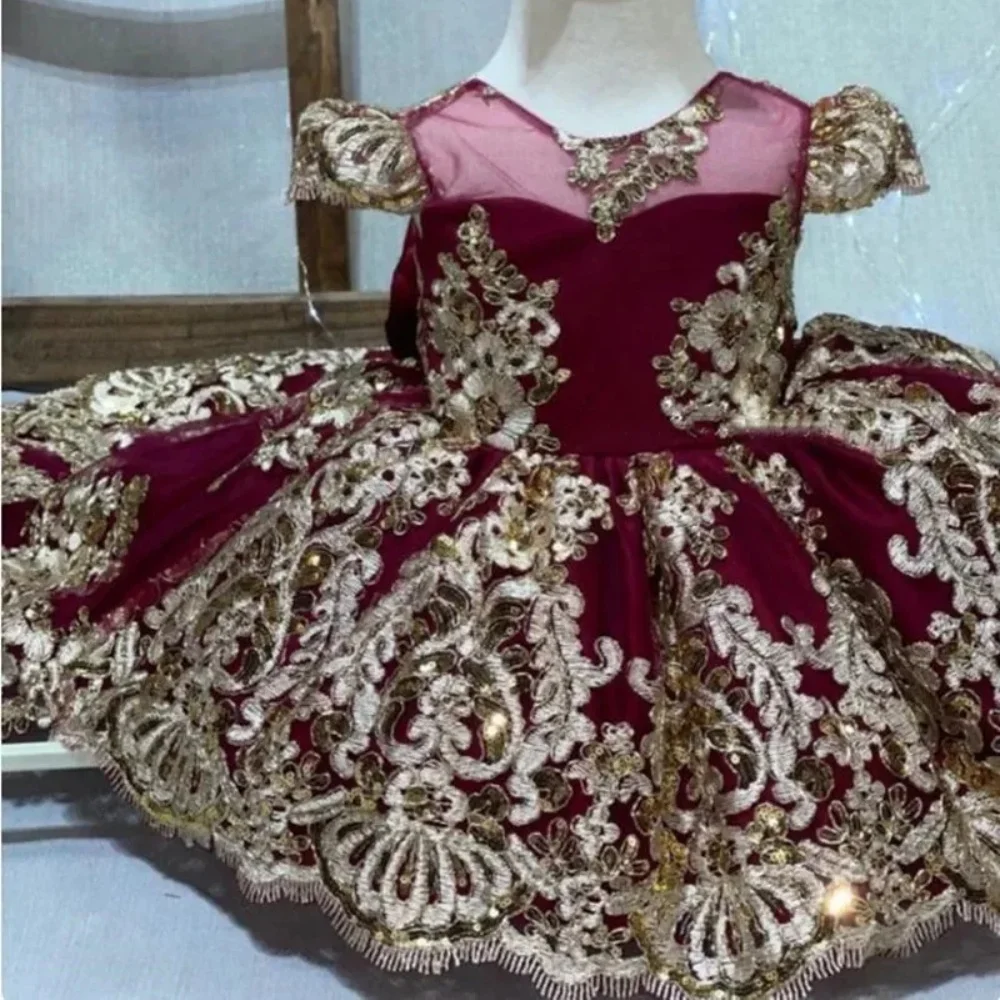 Vestido luxuoso de flor para meninas, casamento, renda, apliques, miçangas, laço, crianças, mangas curtas, festa de aniversário, primeira comunhão, vestido de dama de honra