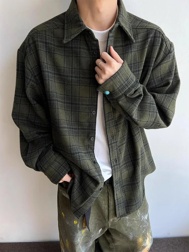 

Ретро-рубашка в американском стиле с зеленым клетчатым узором для мужчин, весенняя модная повседневная рубашка-куртка с длинным рукавом и пуговицами из агата, создающая ощущение высокого класса