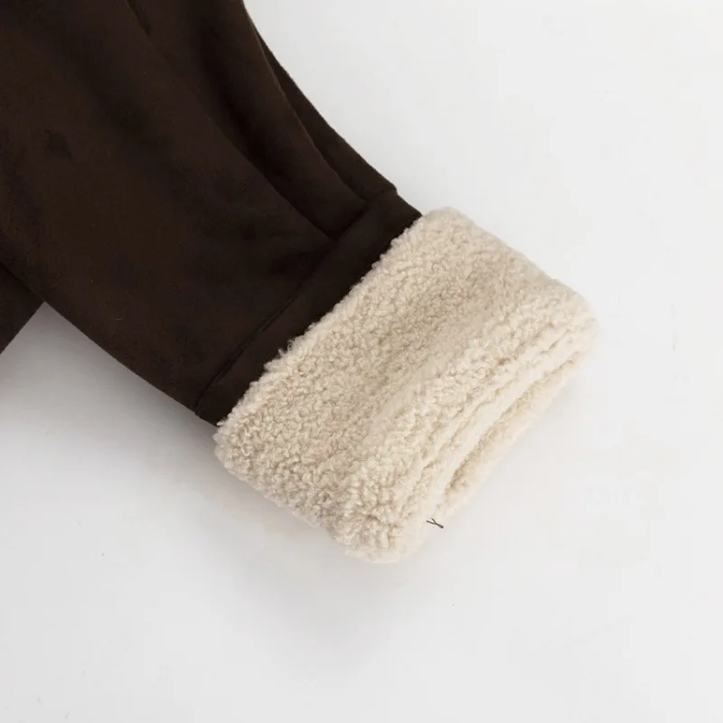 เสื้อโค้ทขนเฟอร์เทียมสีน้ำตาลแบบมีปกเย็บต่อผ้า ซิปหลวม ใส่สบาย อุ่นหนา แฟชั่นลำลองสำหรับผู้หญิง เสื้อแจ็คเก็ตขนแกะเทียมฟูฟ่อง