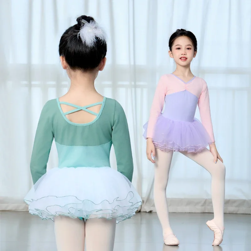 Girls Cotton V-Neck Contrast Splice Long Sleeve Puffy 4 Layer Mesh Tutu Skirt Kids Cross Straps Back Gym Dance Leotard Costume
