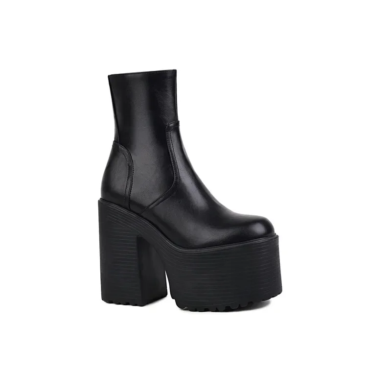 Big size Oversize Large size Round toe Thick Heel platform boots Height Increasing womens fashion boots Women shoes leather