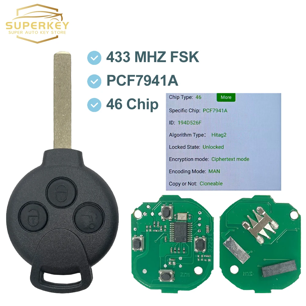 For Mercedes Benz Smart Fortwo 451 2007 2008 2009 2010 2011 2012 2013 Remote Car Key 3 Buttons 433MHz ID46 Chip PCF7941