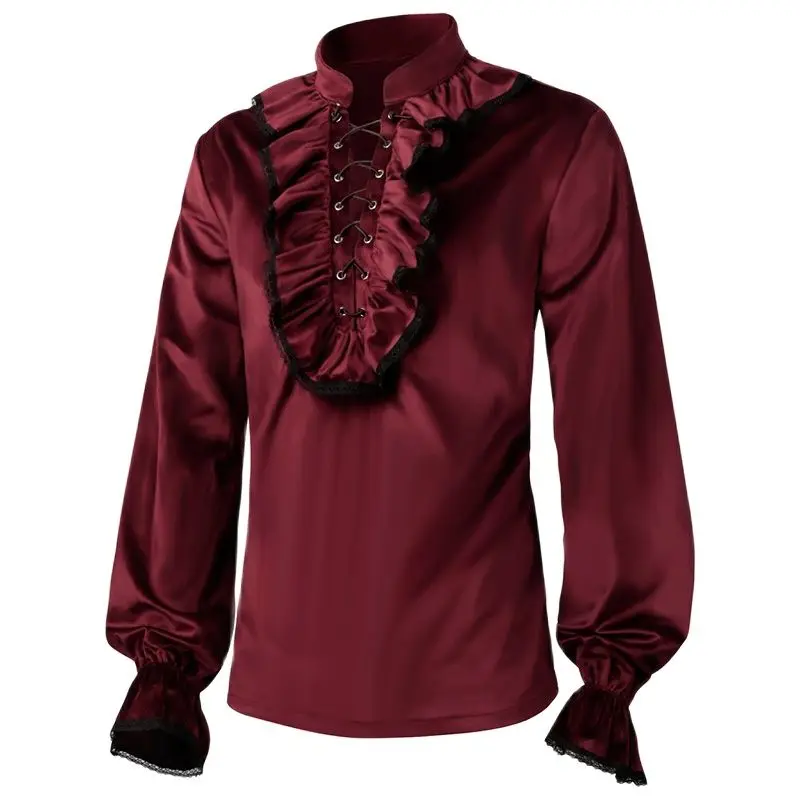 Medieval Gothic Clothes Men Renassiance Vintage Velour Lace Up Vampire Shirt Halloween Cosplay Costume Mittelalter Camisa Hombre