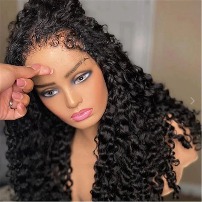 Бесклеевой 26-дюймовый мягкий натуральный черный парик 180 Плотность Длинный странный вьющийся глубокий парик фронта шнурка для женщин с волосами ребенка предварительно выщипанные ежедневно