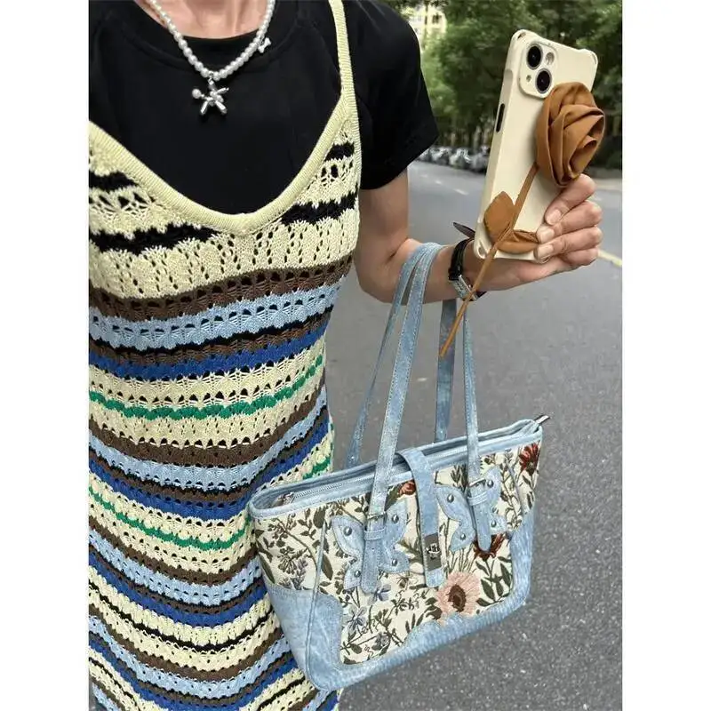 Bloom Vintage Denim Tote Handbag Women Floral Embroidery Large Capacity Casual Shoulder Bags Female Y2k Underarm Bag Chic