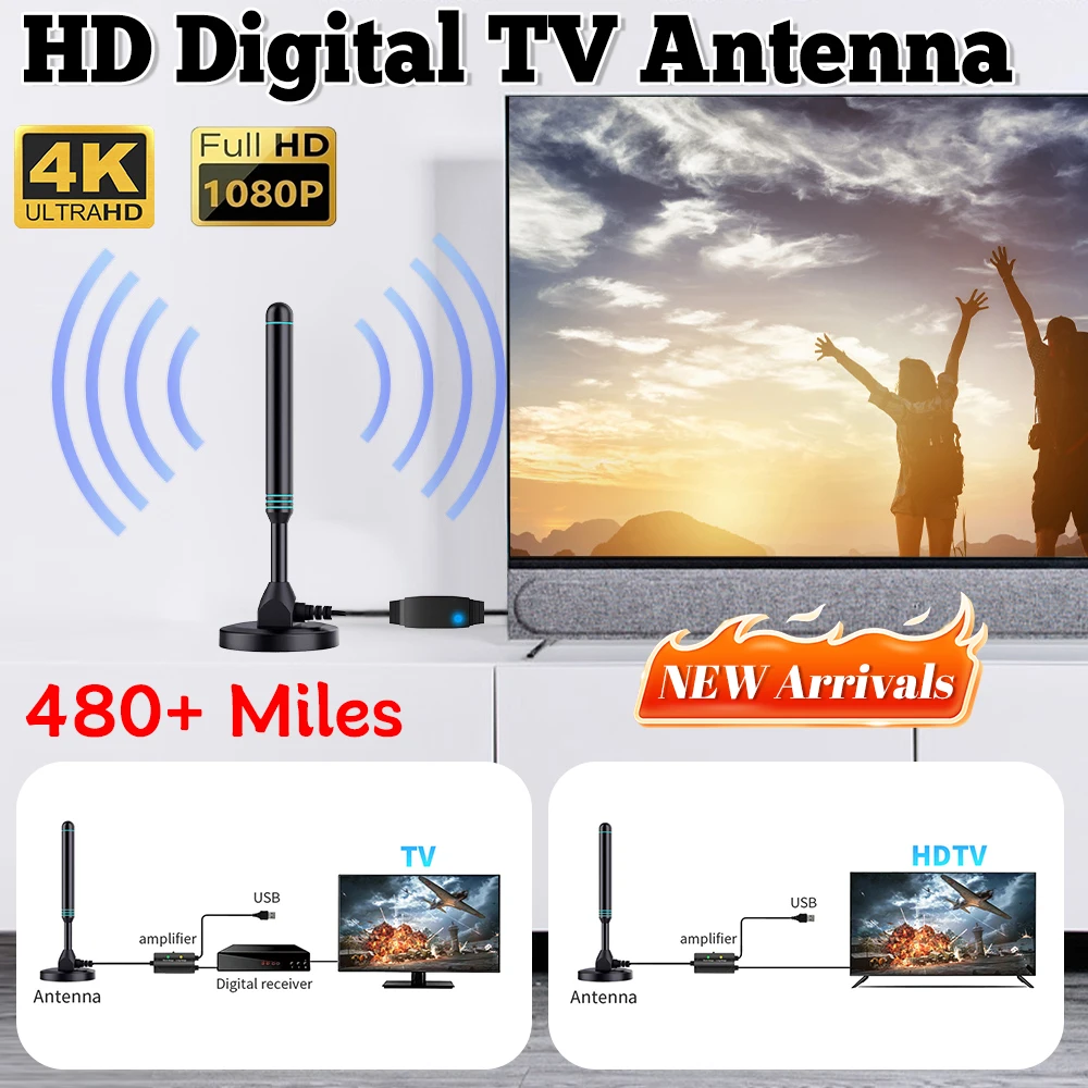 Antena de tv digital hd 4k/1080p, base magnética, 480 + milhas, portátil, antena de tv hd, hf, uhf, interna e externa, para DVB-T2 tv hdtv