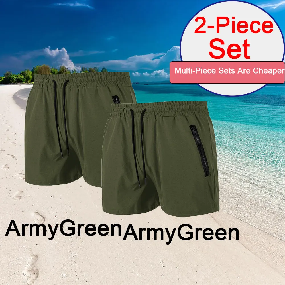 Herren 2-teilige einfarbige Badeshorts, Sommer, lässig, Strand-Boardshorts für Männer, schnell trocknend, zum Laufen, Fitness, Fitnessstudio, Shorts mit Reißverschlusstasche