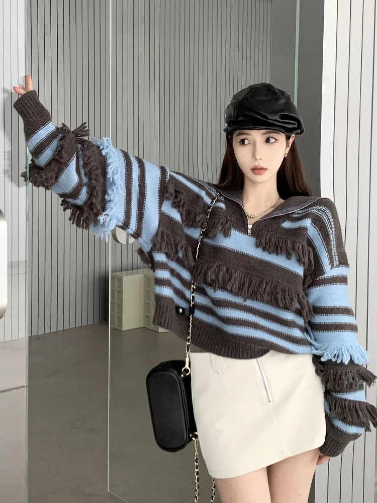 Woman,s Gentle Loose Polo collar Plaid Design Sweater Woman Elegant striped Single Breast Versatile Knit Cardigan Wild Sweater