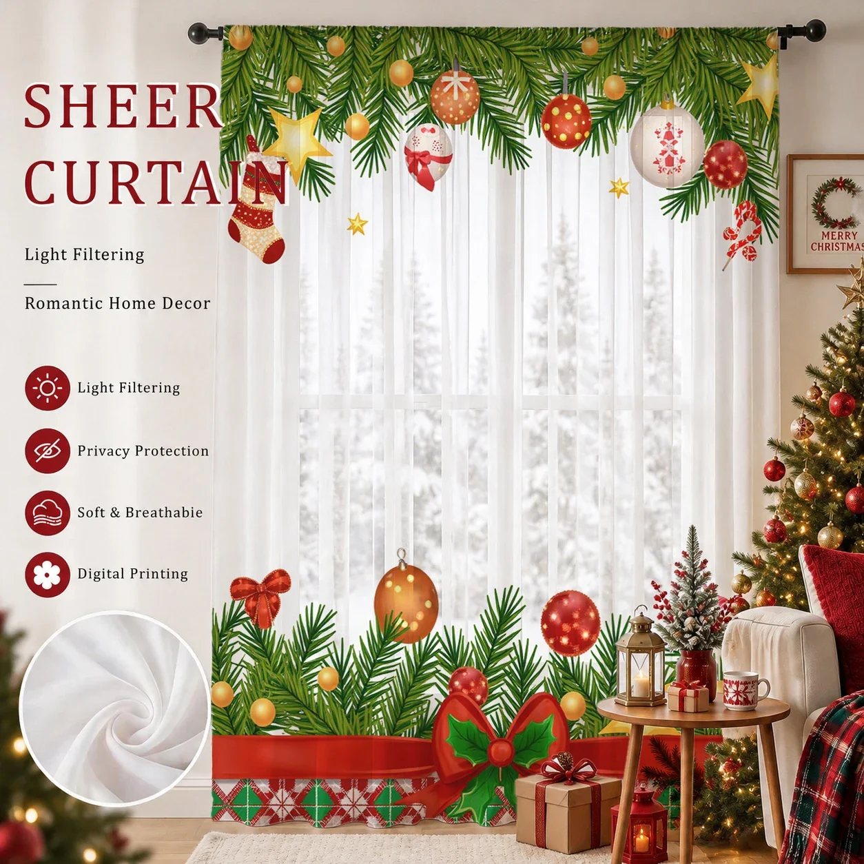 Christmas Day Gradient Sheer Curtain, Good Quality Light Reducing Privacy Voile for Living/Bedroom/Kids Room,Mother's Day Gift