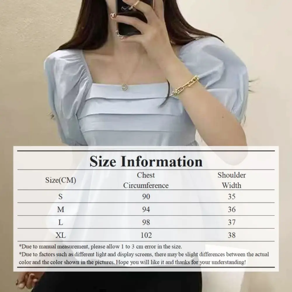 Puff Sleeves Blouse Fashion Pleated Square Collar Crop Top Tube Top A-line Shirt Blouse Womne Girl