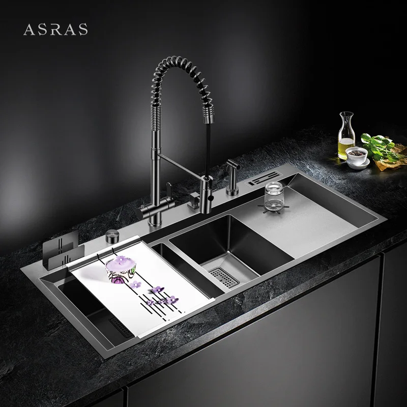 Black Nano Rectangular Handmade Sink With Cup Washer With Drain And Kitchen Faucet-12050NT-2