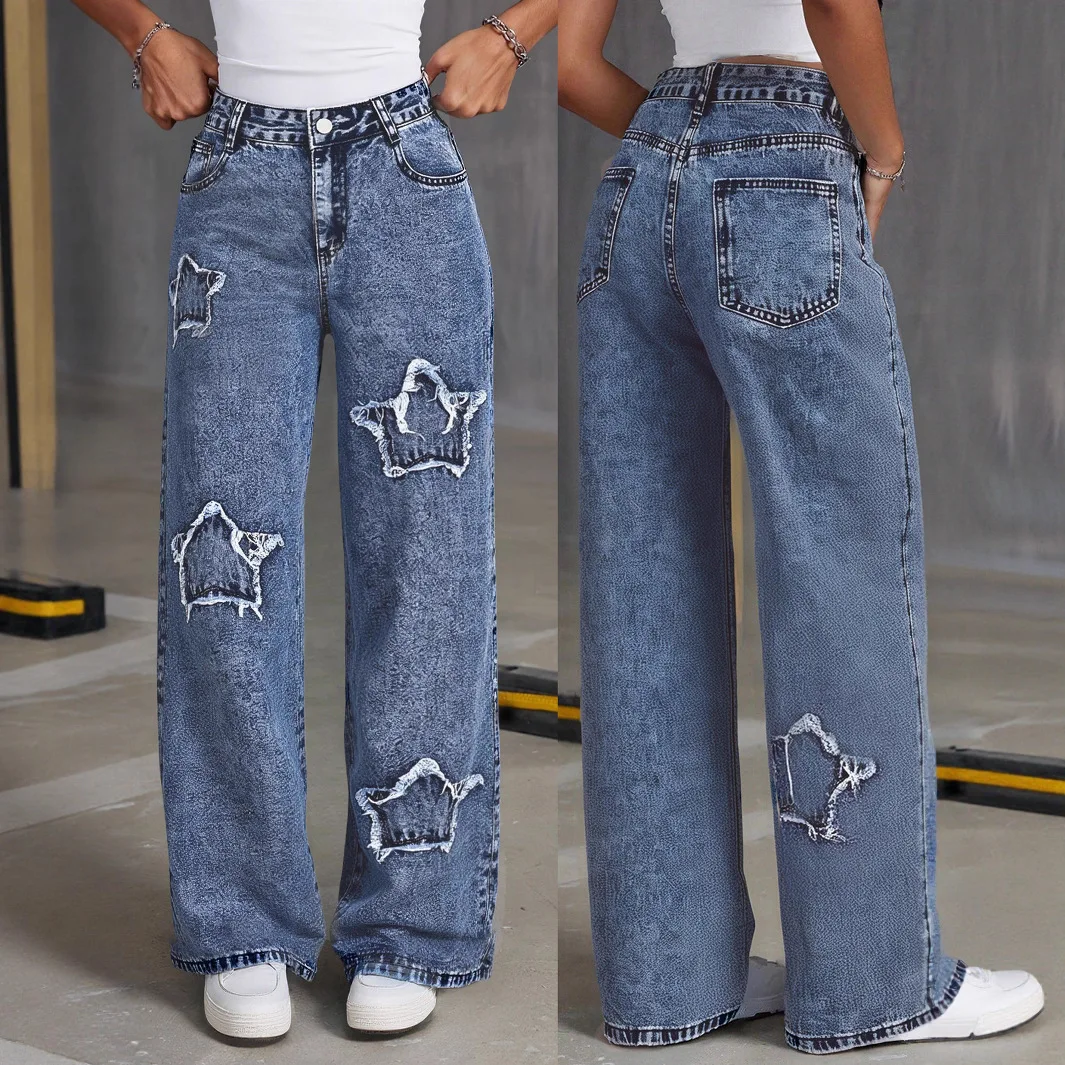 Denim Jeans Women Pants Pocket Patchwork Star Accents Zipper Fly High Waist Full Lenth Wide Leg Pants Y2K Streetwear 2025 Summer