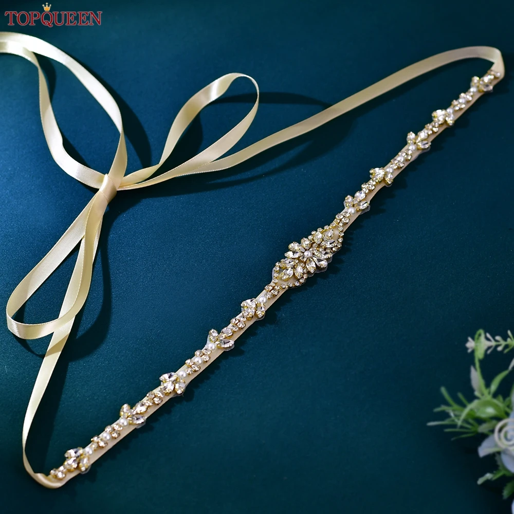 TOPQUEEN Golden Stone Bridal Thin Belt Evening Gown Tie Belt Wedding Belt Handmade Diamond Applique Bridesmaid Belt S09-G