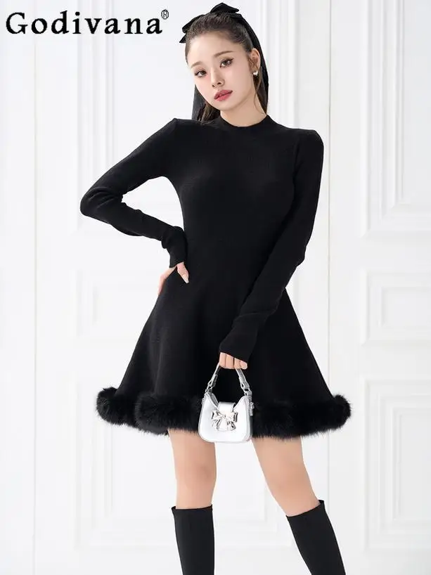 

2024 Winter New Japanese Style Women's Sweet Plush Stitching Short Knitted Dress Solid Color Ladies Slim Bottoming Sweater Dress