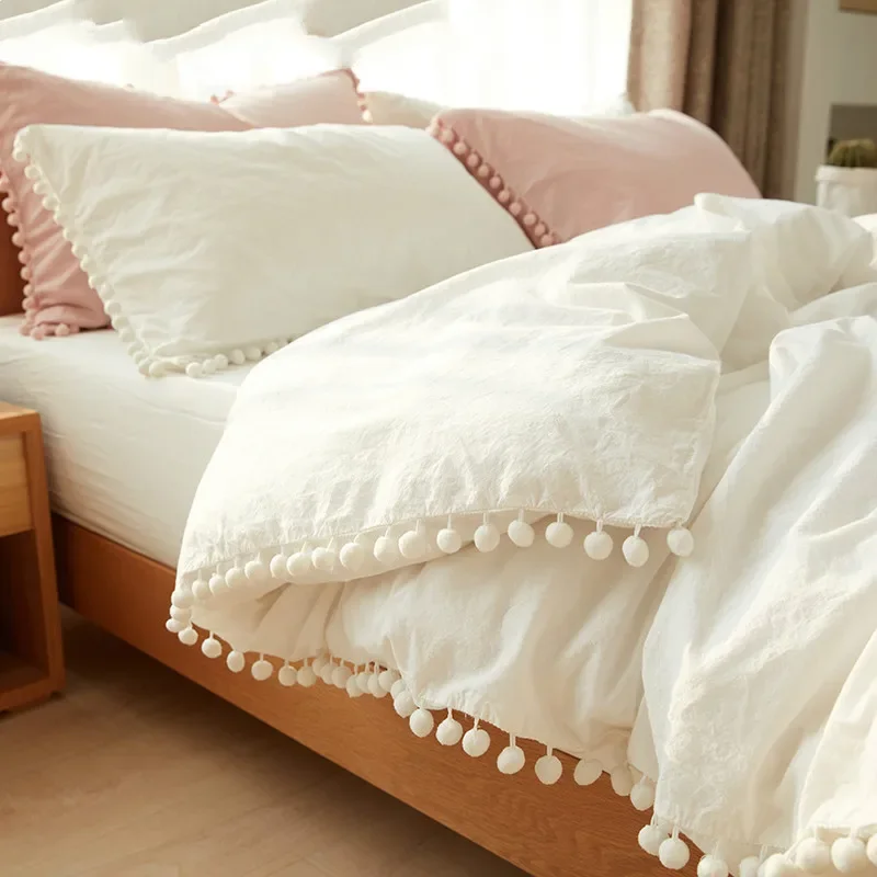 

Pink Bedding Sets With Washed Ball Decorative Microfiber Fabric Queen King Duvet Cover Pillowcase Comfortable
