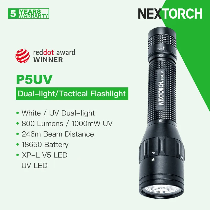 

Nextorch P5UV Rechargeable LED Tactical Flashlight, White/UV Dual-light, 800 Lumens/1000mW 365nm Wavelengh, with 18650 Battery