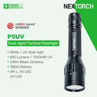 Nextorch P5UV Rechargeable LED Tactical Flashlight, White/UV Dual-light, 800 Lumens/1000mW 365nm Wavelengh, with 18650 Battery