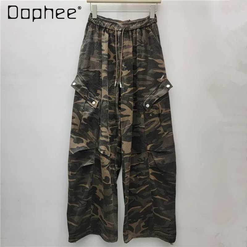 

American Retro Pleated Design Drawstring Camouflage Overalls Women's Loose Straight Wide-leg Casual Floor Pants 2025 Autumn New