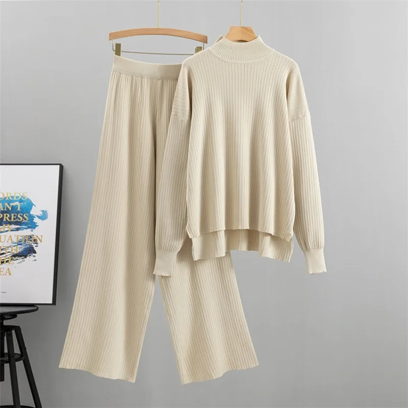 

Autumn Winter Two Piece Set for Women Solid Loose Knitting Sweater Wide Leg Pants Casual New Elegant 2-piece Sets for Women 2024