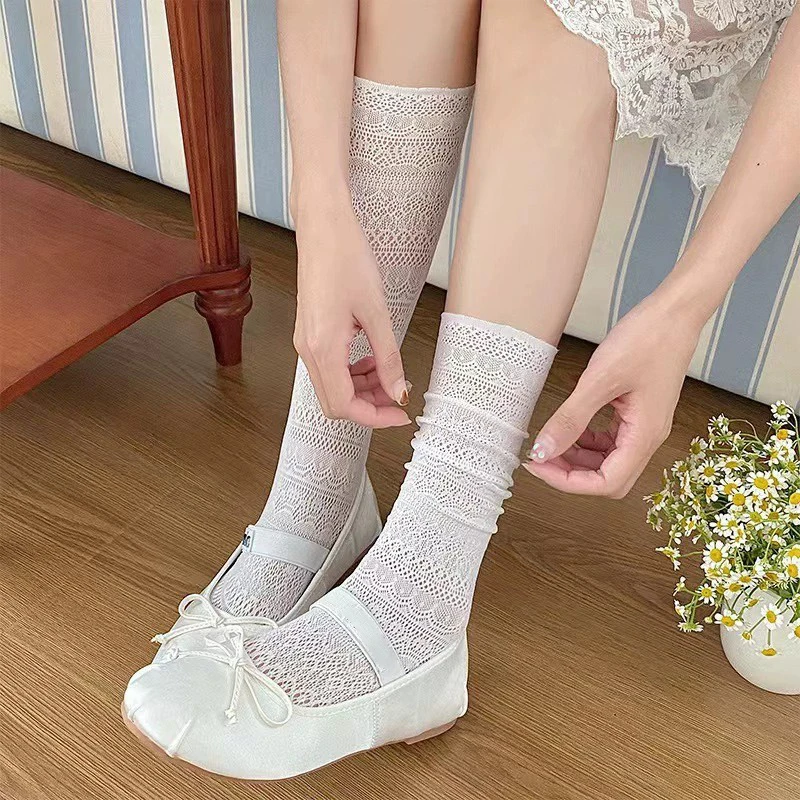 1/4 Paar Damen-Kniestrümpfe mit Spitzenbesatz, Sommer-Höhlen-Design, leicht, atmungsaktiv, weich, bequem, lässig – Detail 7