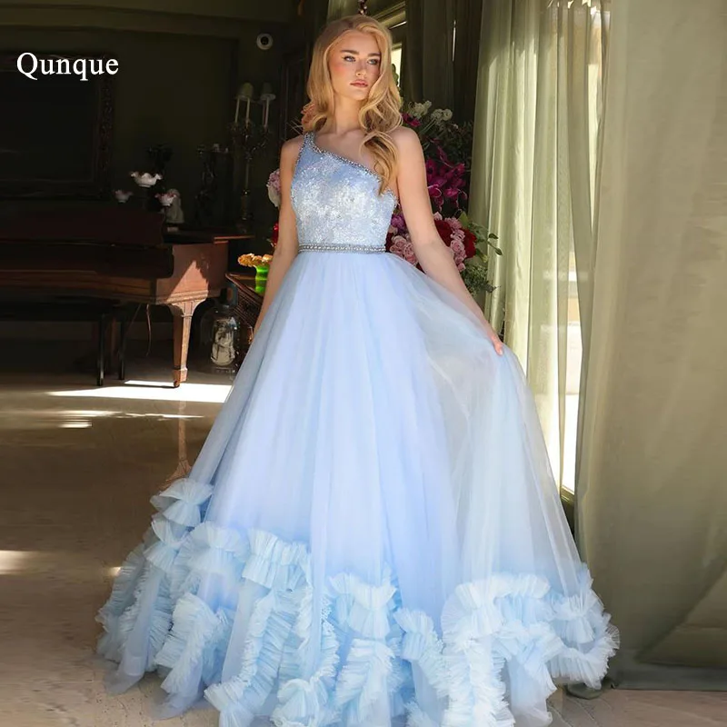 

Qunque Customized Ruffles Evening Dress One Shoulder Tulle Sparkly Beaded Special Occasion Women's Party Dress Vestidos De Noche