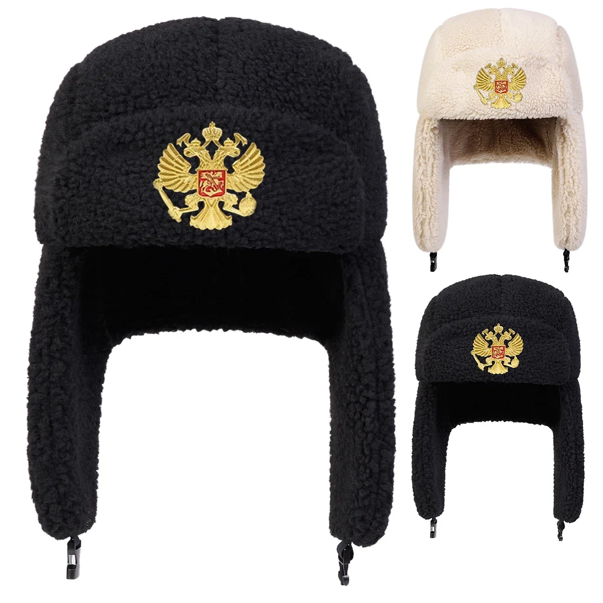 Unisexowa czapka Lei Feng z dwugłowym orłem, z polaru jagnięcego, zimowa czapka z nausznikami, ciepła czapka narciarska, czapka typu bomber, do jazdy konnej i aktywności na śniegu