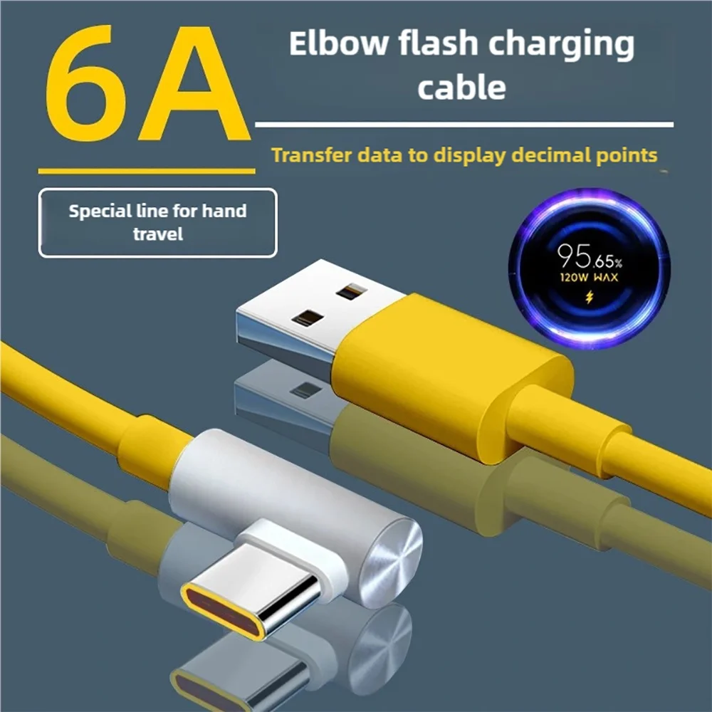 6A 90 Degree Elbow Type C Cable 120W Super Fast Charging Phone Charger Data Cord For Samsung Xiaomi Redmi PD Quick Charge Cable