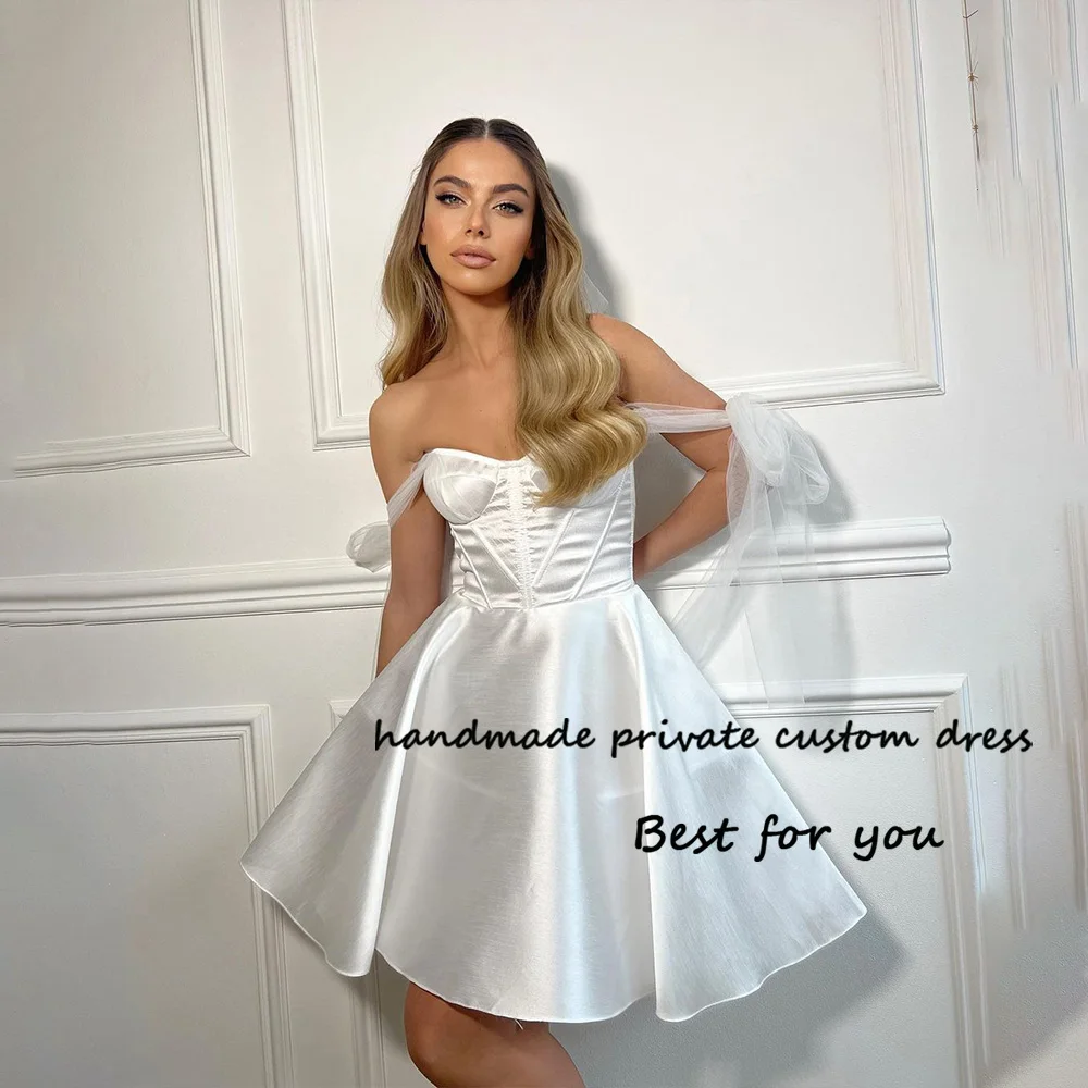 White Satin Short Wedding Dresses Off Shoulder Sweetheart A Line Bridal Gowns Mini Bridesmaid Wedding Bride Dress