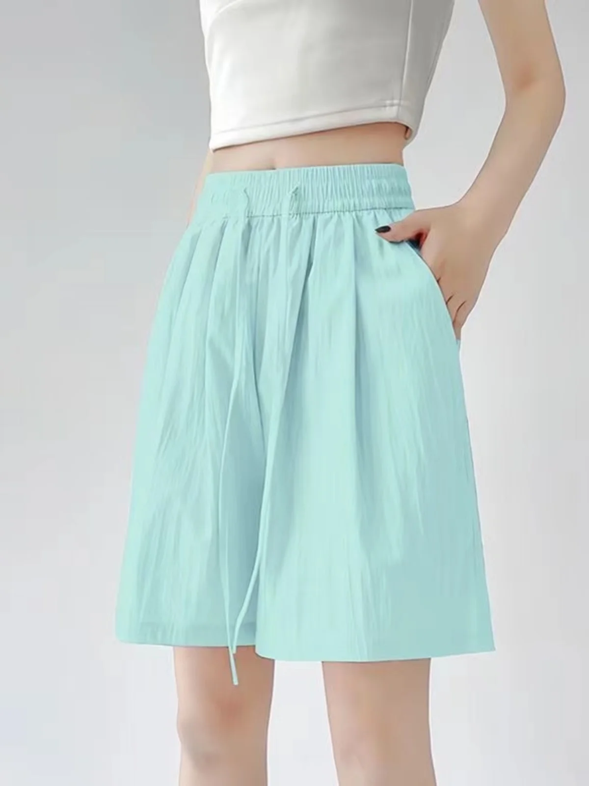 Spodnie damskie z wysokim stanem, luźny krój, z jedwabiu lodowego, chłodzące, cienkie, letnie, codzienne, z szerokimi nogawkami, sportowe, długość do połowy łydki, modne.