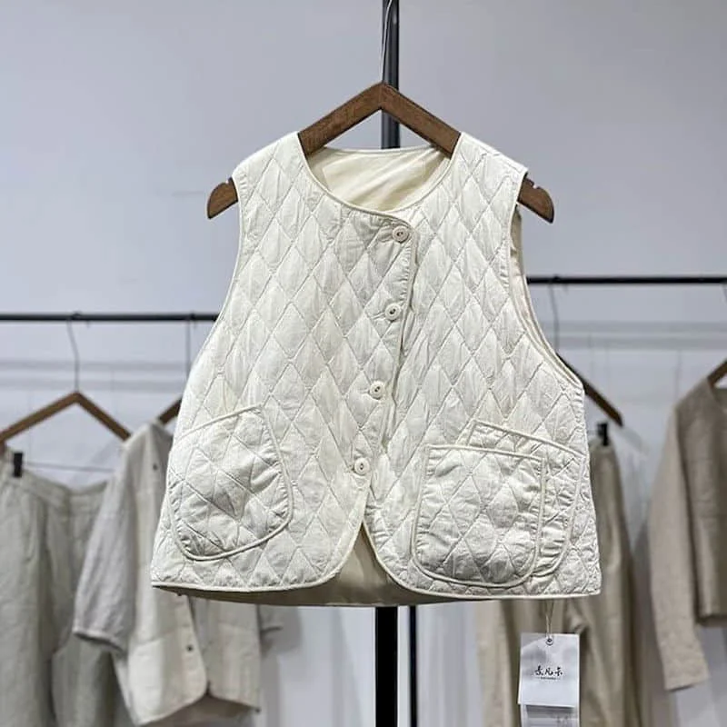 

Waistcoats for Women Lightweight Cotton Vests Casual Irregular Literary Lingge Vintage Korean Style Jackets O-neck Women Tops
