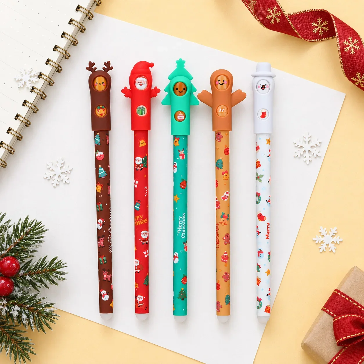Christmas Rotate Face Pen Christmas Snowman Tree Xmas Style Erasable Gel Pen with 5 Colors Ink Lovely Pens for School Party Gift