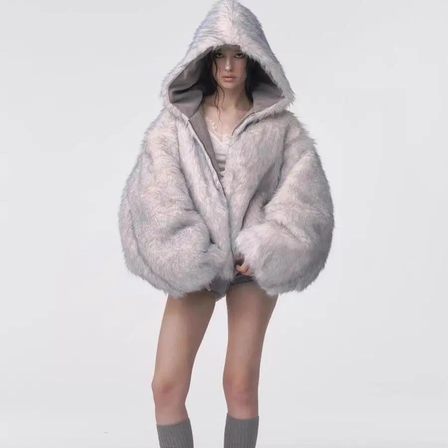 Winter Women Grey Thick Faux Fox Spliced Hooded Bomber Jacket Double-sided Retro Zipper Parka Coat Plush Inner Cardigan Tops