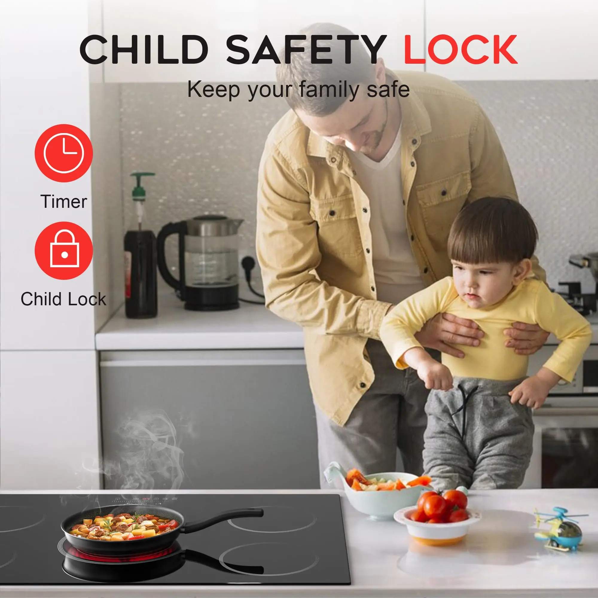 موقد كهربائي Noxton مقاس 30 بوصة، موقد كهربائي 5 شعلات، موقد زجاجي مدمج، حلقة ثلاثية، سلك صلب 220-240 فولت (بدون توصيل)