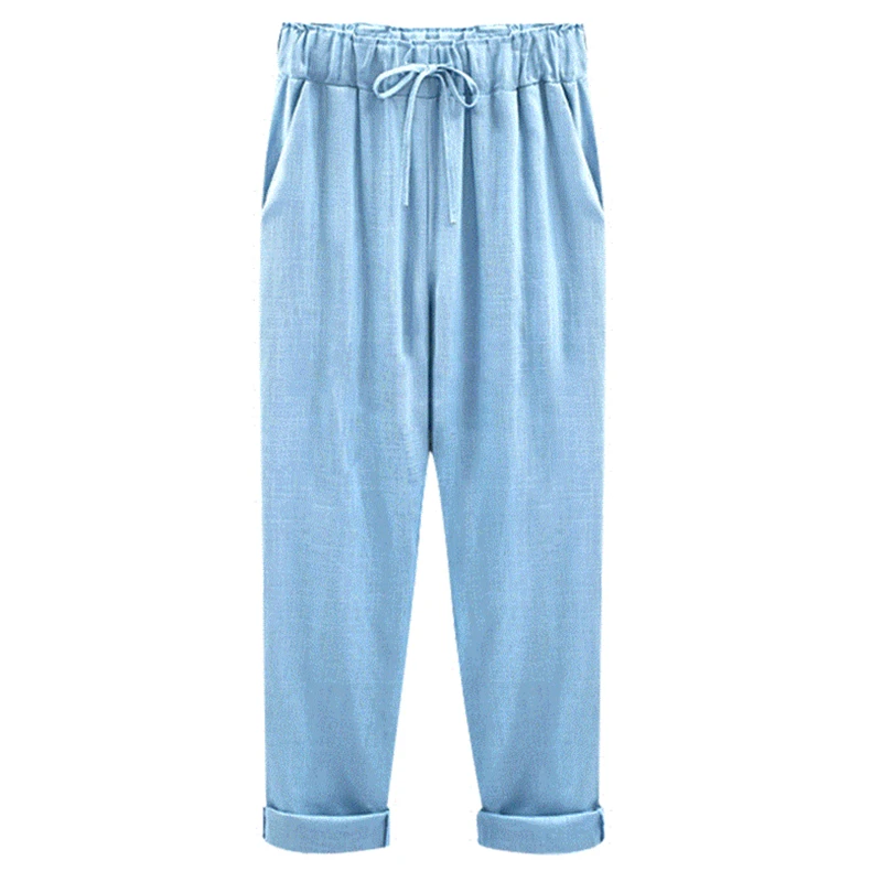 2026 Fashion Women Nine Points Pants Cotton linen New Casual Bundling Wide Waist Belt Candy Color Pencil Pants roupas femininas