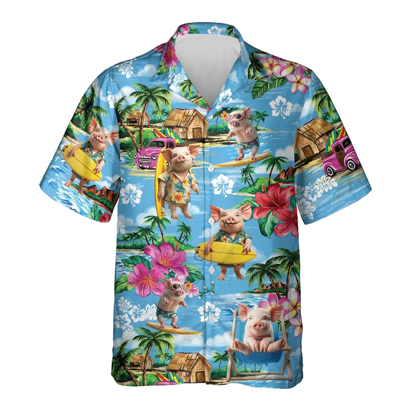 Interesting Men's Shirt 3D Printed with Beach Animals and Pigs, Cute Pet Pattern Shirt, Hawaiian Surfing Short Sleeved Shirt