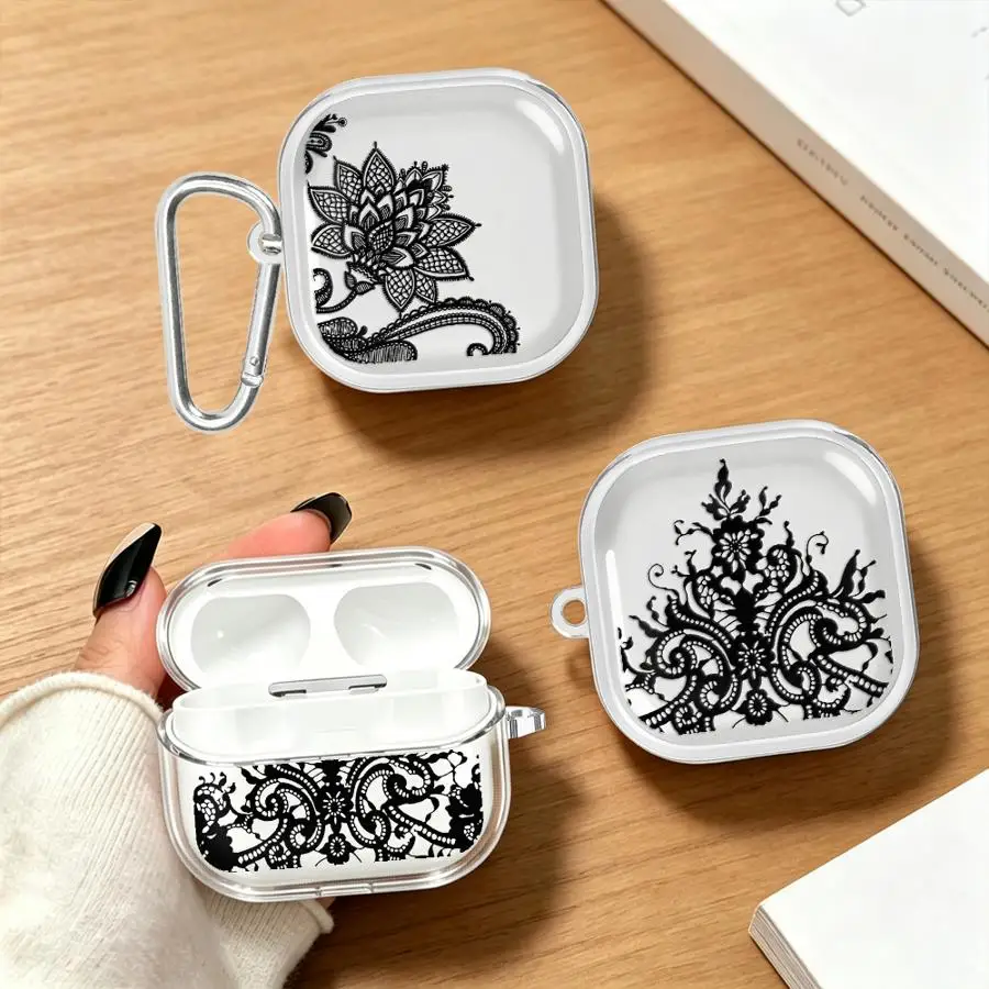 Lace Crown Print Case For Samsung Galaxy Buds Live 3Pro 4 Pro 3 FE 2Pro 2 4Pro Clear Earphone Cases Cover With Hook