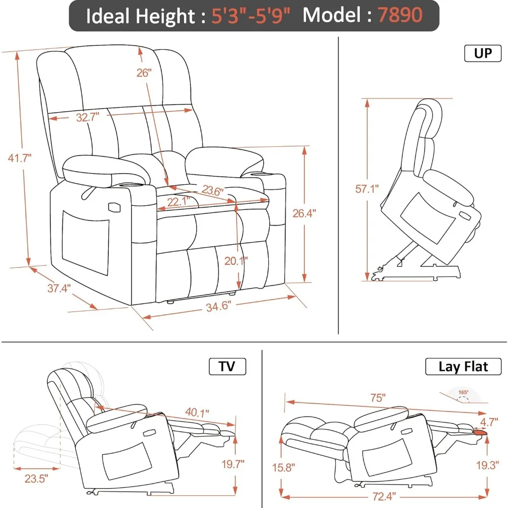 Sillón reclinable con elevación eléctrica de doble motor con masaje y calor para personas mayores, puertos USB de posición infinita