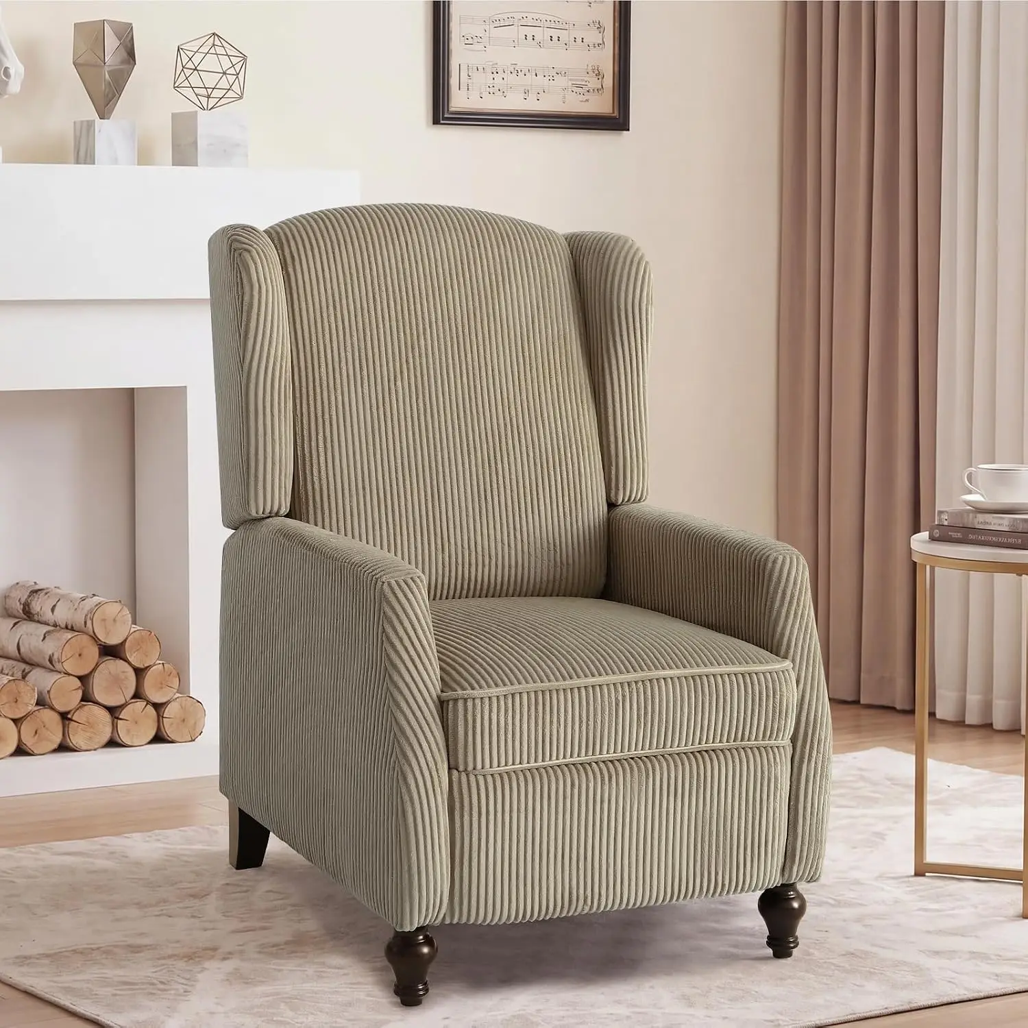 Wingback Recliner Chair Push Back Armchair Khaki Corduroy Manual Recliner for Living Room Bedroom Home Theater, Customized