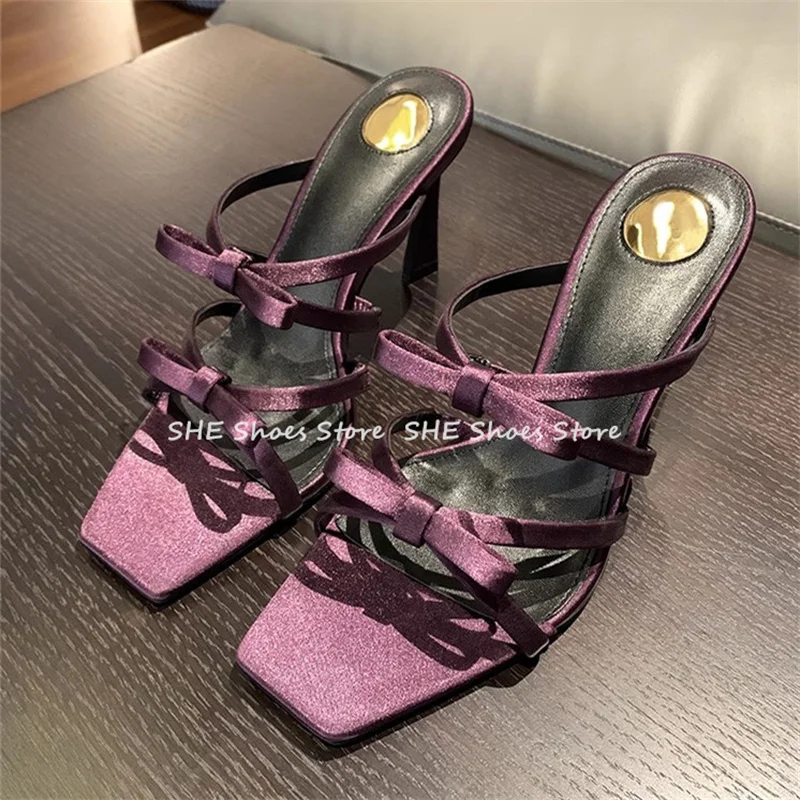 

Fashion 2025 Purple Butterfly Knot Cross Strap Women Sandals Summer Square Toe High Heel Slingabck Pumps Outside Dress Slippers