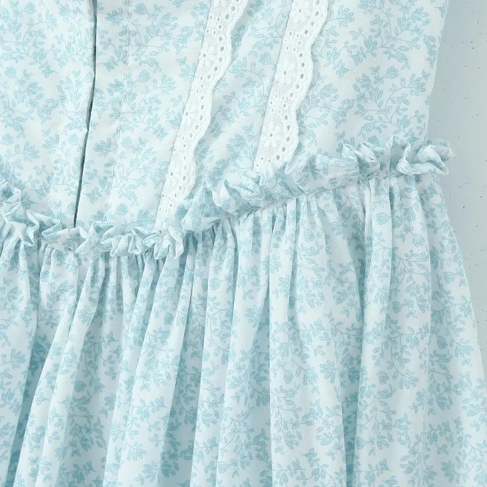 2025 Sexy Blue Floral Covered Hook Button Corset style Midi Long Sling Dress Women Spliced Lace Low Waist Party A-line Dresses