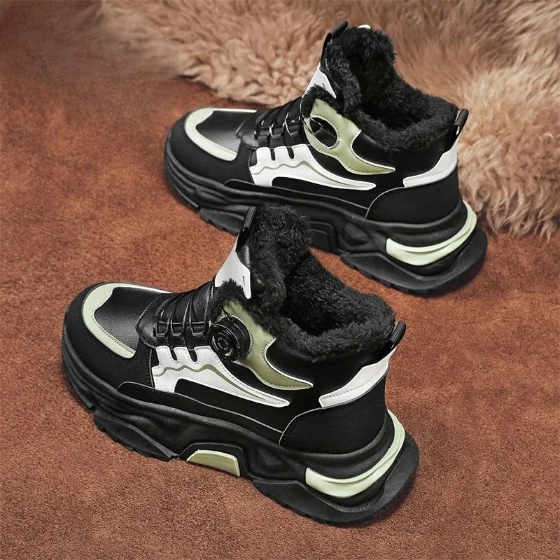 ​Men Teenager Winter Dad Shoes Color Blocked High Top Rotating Buckles Thickened Fleece Lined Warm Cotton Padded Sports Shoes​