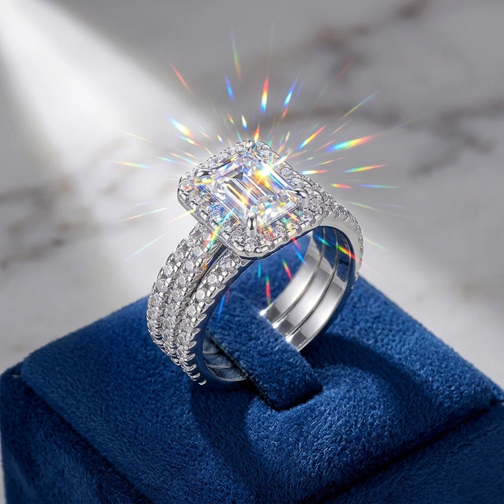 Elegant Emerald Cut Moissanite Ring Set in Silver