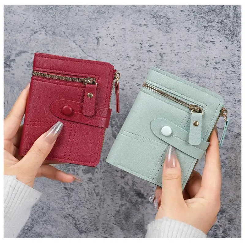 Solid Color Button Short Wallet Thin Multi Card Slots Ladies Card Holder Coin Purse Integrated Pocket Portable Storage Handbag