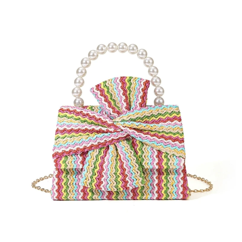 Designer Pearl Handle Fashion Straw Bags Summer New Versatile Bow Cross Knot Woven Hand Bags Women's Fashion Square Outdoor Bags
