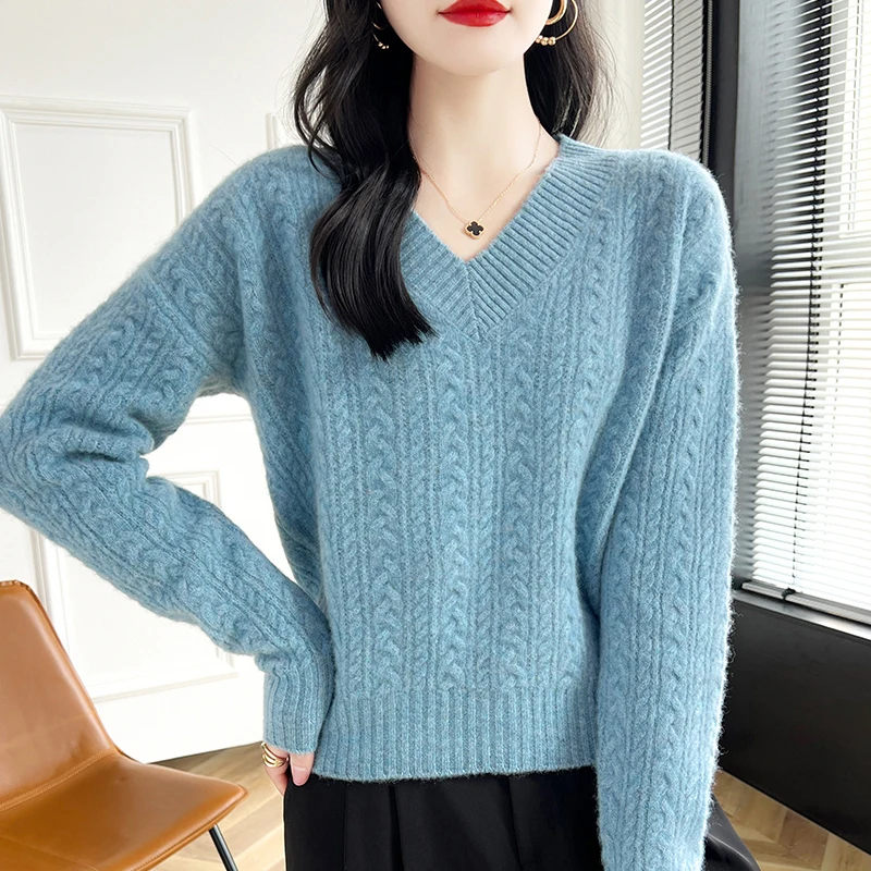 2024 new woven 100% Merino wool pullover Autumn-winter cashmere sweater Women's V-neck pullover warm bottom knit shirt top