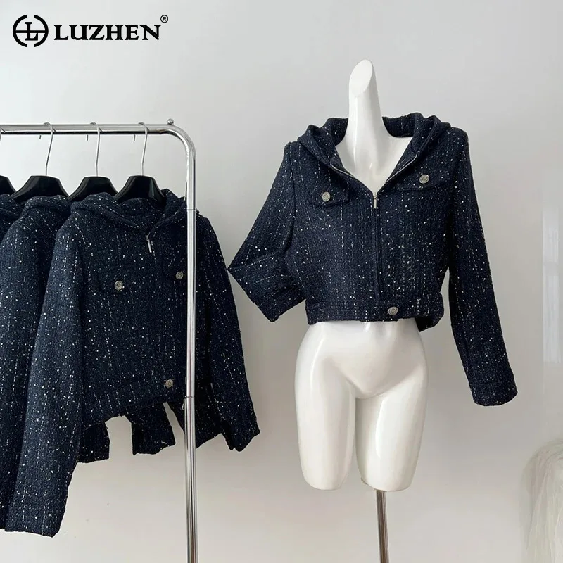 

LUZHEN модная женская куртка с капюшоном в стиле пэчворк с блестками, новинка 2024, оригинальное свободное повседневное короткое пальто, однотонные топы AA1853
