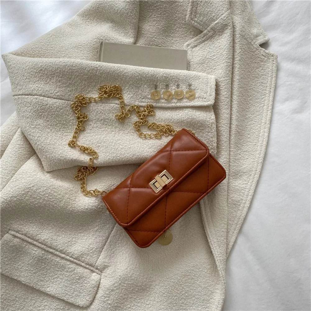 High Quality Chain Pure Color Small Square Bag Metal PU Messenger Bag Crossbody Bag