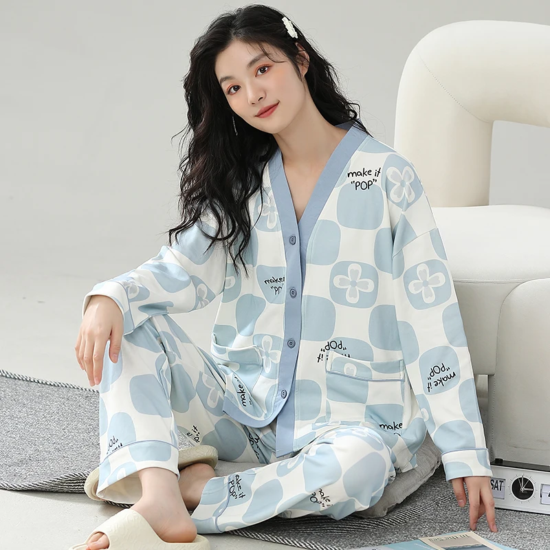 Blue Plaid Pajama Women Cute Kawaii Sweet Long Sleeves Long Pants Autumn Winter Soft Sleepwear Cozy Pyjamas Girl Pijamas Lady Pj